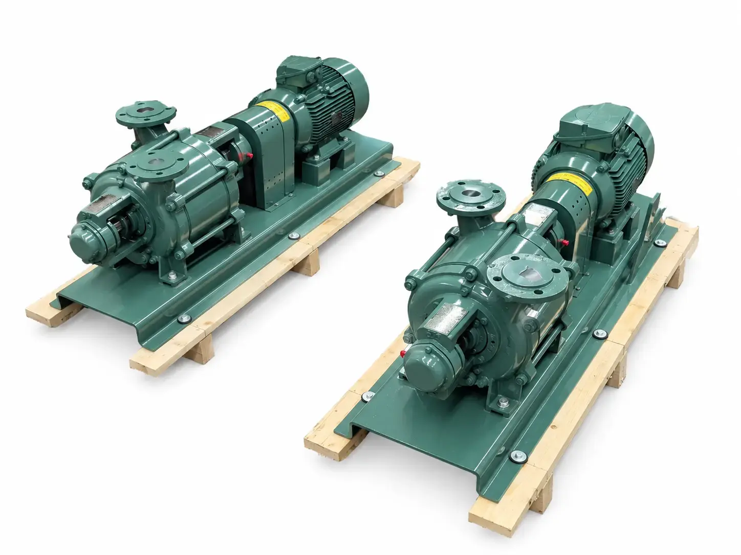 Dubbele groene industri&euml;le pompinstallaties op houten skids